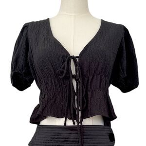LULU'S String Bow Tie Puff Sleeve V‎ Neck Lightweight Crinkled Crepe Sz S Top